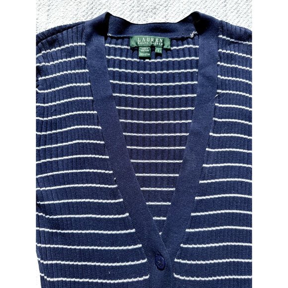 Lauren Ralph Lauren Sweater Blue White Striped Cardigan Nautical Ribbed Womens - Picture 7 of 16